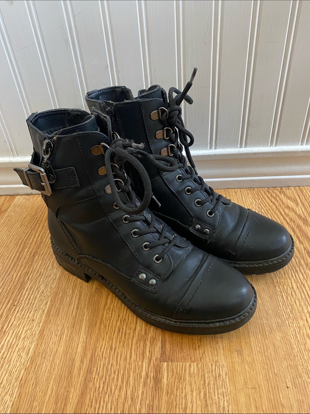 Black Lace-Up Combat Boots with Buckle Detail
